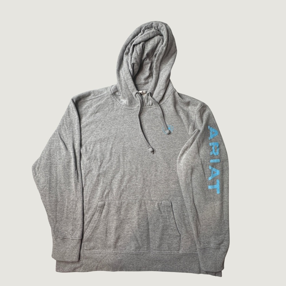 Ariat Hoodie Womens Large Pullover Gray Blue Sleeve Logo Graphic Fleece Pocket